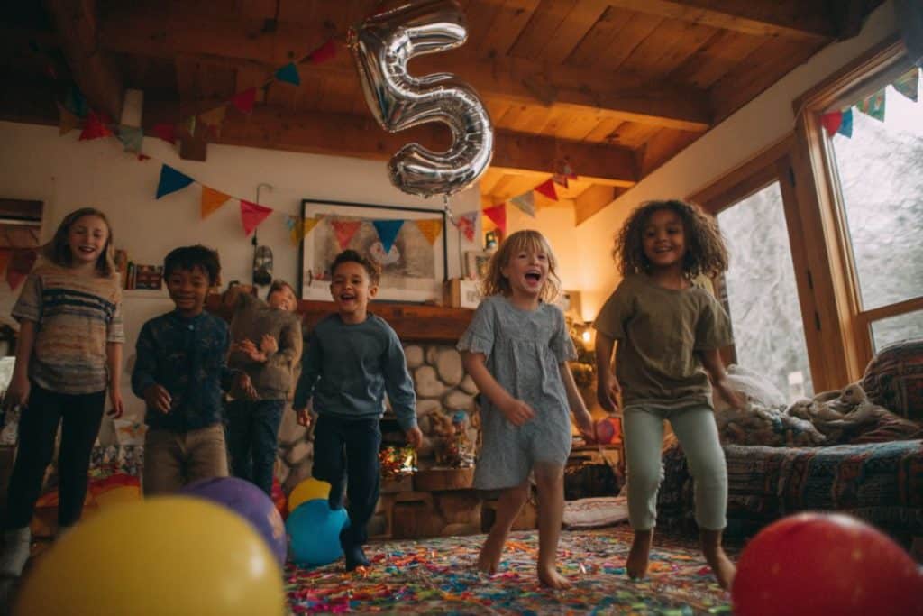 Groupe d'enfants sautant sur des coussins pour jouer au sol est en lave dans un salon décoré pour un anniversaire 5 ans