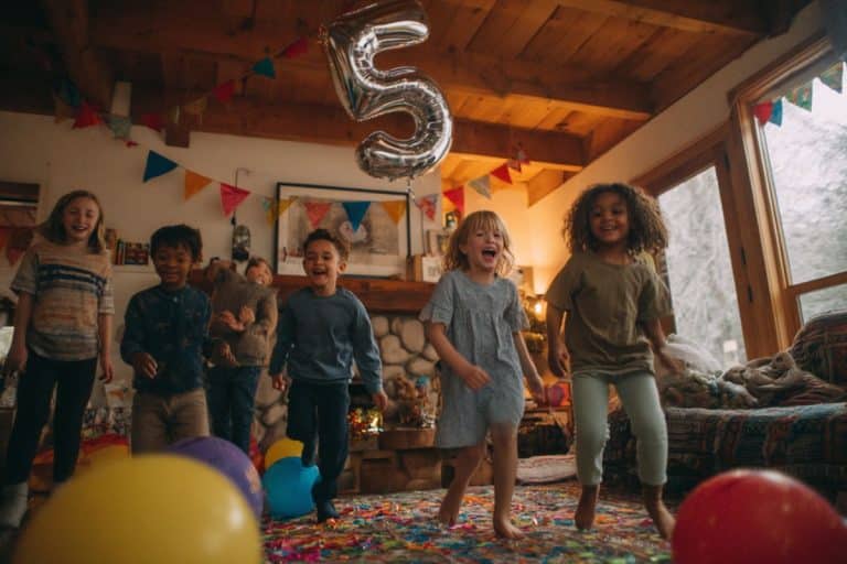 Groupe d'enfants sautant sur des coussins pour jouer au sol est en lave dans un salon décoré pour un anniversaire 5 ans