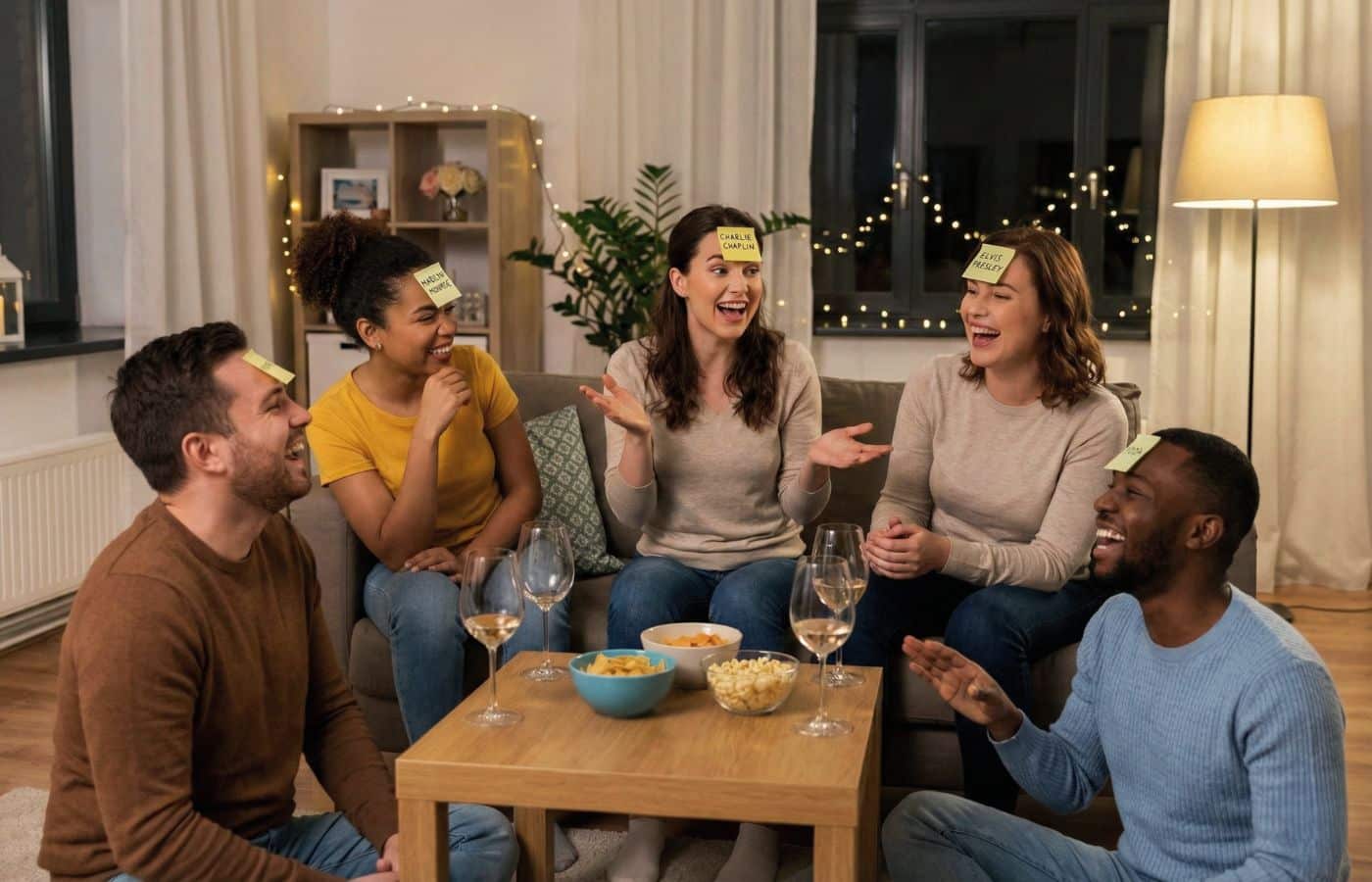 Groupe d'amis en train de rire en jouant au jeu des personnalités (devine tête) avec des post-its sur le front lors d'une soirée.