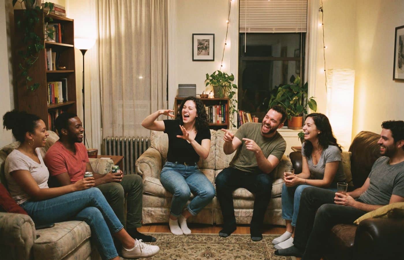 Groupe d'amis adultes morts de rire faisant un mime lors d'un jeu de soirée drôle et sans matériel dans un salon cosy.