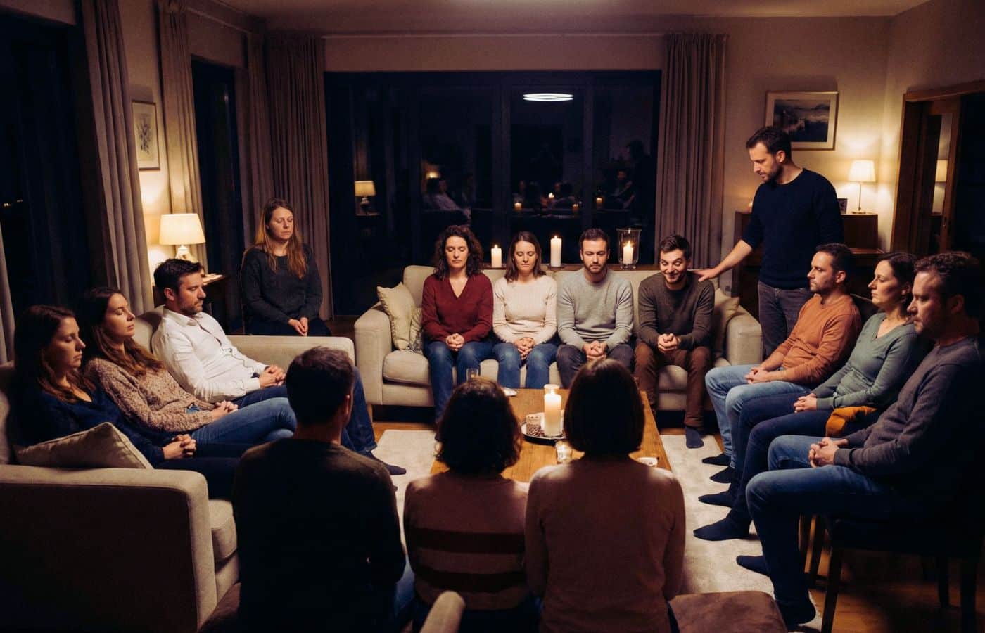 Grand groupe de 14 amis jouant au Loup-Garou en cercle dans un salon éclairé à la bougie, avec le narrateur debout.