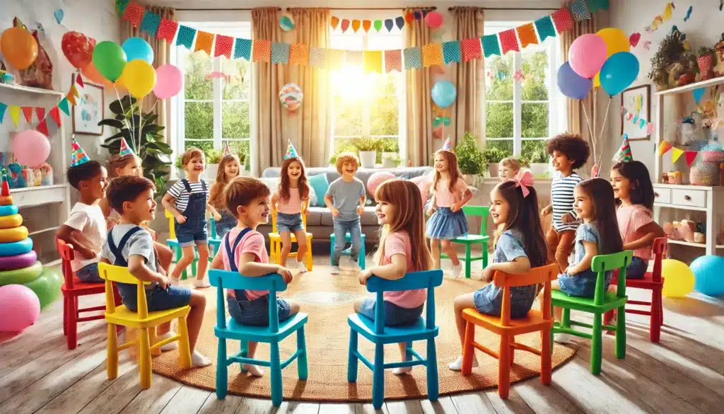 enfants s'amusant à tourner autour de chaises dans un salon coloré, avec de la musique en fond. Les enfants sourient, créant une ambiance joyeuse