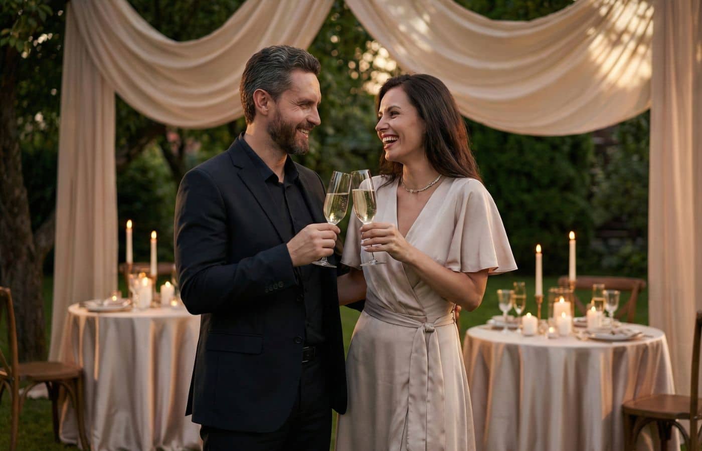 Célébration des 12 ans de mariage (noces de soie) : un couple élégant dans un jardin décoré de voilages en soie au crépuscule