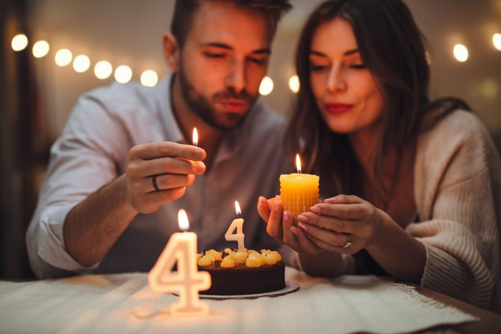 Un couple en train de souffler des bougies célébration 4 ans mariage noces de cire Description : Un couple assis à une table romantique, entouré de bougies allumées. La femme tient une bougie artisanale en cire dans ses mains, tandis que l’homme souffle doucement une bougie d’anniversaire posée sur un petit gâteau. L’ambiance est tamisée, avec une lumière chaude et douce qui reflète leur complicité.