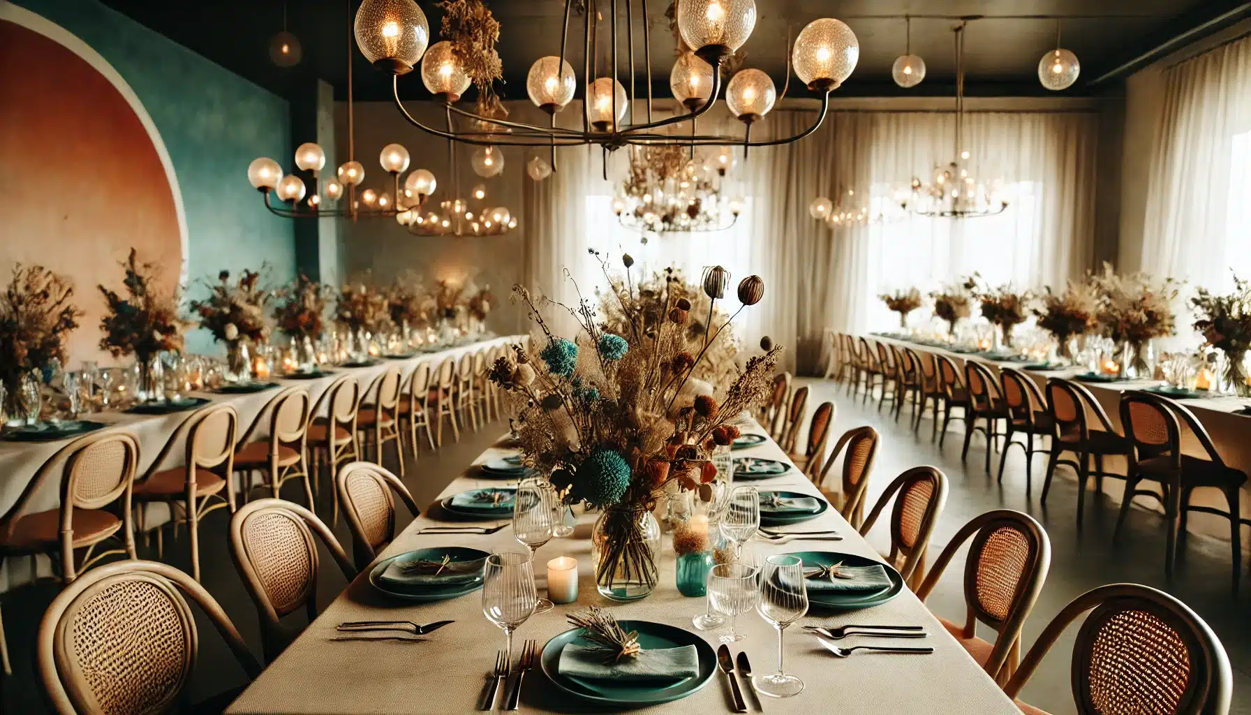 table élégamment décorée pour un mariage en petit comité, avec des chandeliers minimalistes, des fleurs séchées, et une palette de couleurs terracotta et bleu canard. L'ambiance est intime, chaleureuse, et moderne