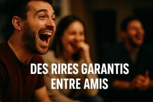 Photo en légère contre-plongée d’un homme riant aux éclats avec le texte Des rires garantis entre amis