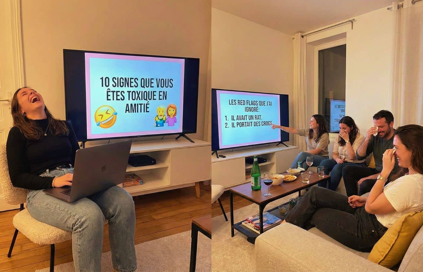Groupe d'amis morts de rire devant une présentation PowerPoint Night affichée sur la télé lors d'une soirée. Idée de jeu original et tendance