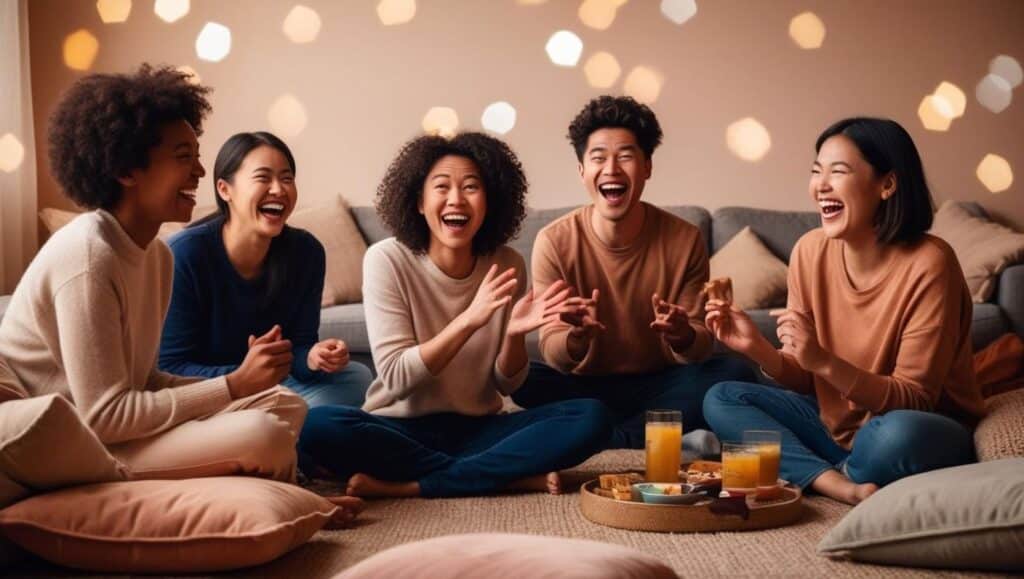 moment spontané de jeu où un joueur mime une situation absurde D’autres participants rient aux éclats en essayant de deviner décor de salon convivial, avec des coussins, snacks sur la table, verres et lumières tamisées