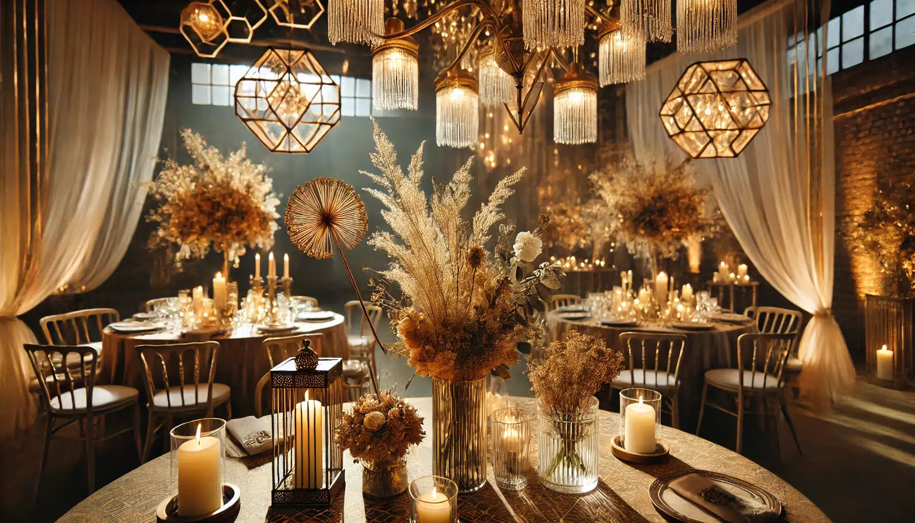 décoration de mariage éco-responsable, avec des chandeliers vintage, des fleurs séchées, et une ambiance chaleureuse à la lueur des bougies. Les motifs géométriques dorés ajoutent une touche d'art déco glamour et intemporel