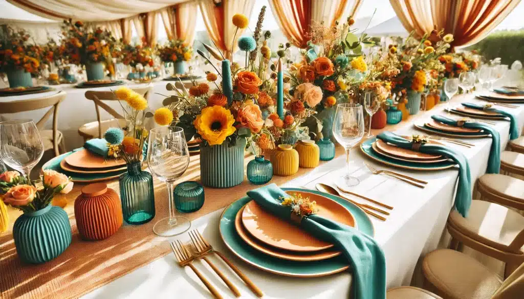 palette de couleurs dynamiques pour un mariage, avec une décoration de table mettant en avant les teintes terracotta, bleu canard, et jaune vif. Cette combinaison crée une atmosphère joyeuse et contemporaine