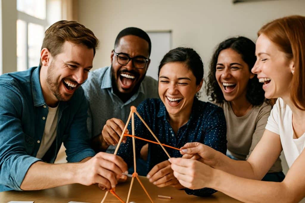 Groupe de collègues souriants participant à une activité de team building en entreprise, en train de résoudre un défi ensemble dans une ambiance conviviale