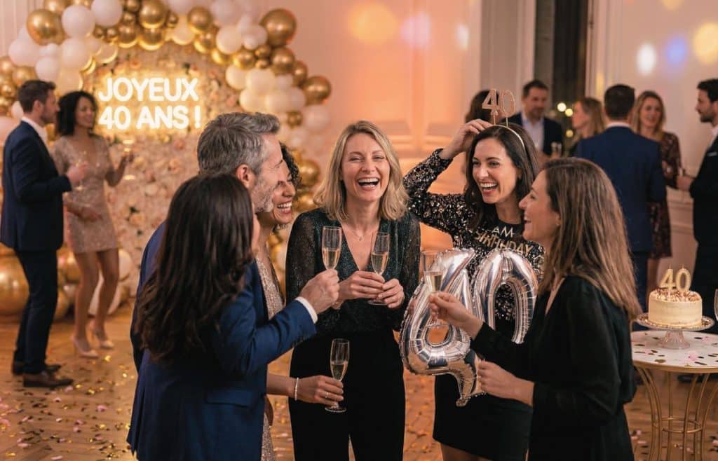 Femme rayonnante célébrant son 40ème anniversaire entourée d'amis lors d'une soirée festive, avec décoration de ballons or et argent et enseigne néon Joyeux 40 ans.
