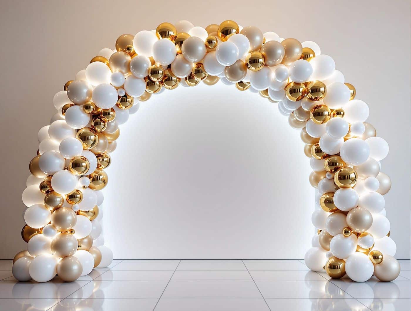 Arche de ballons mariage chic minimaliste or et blanc