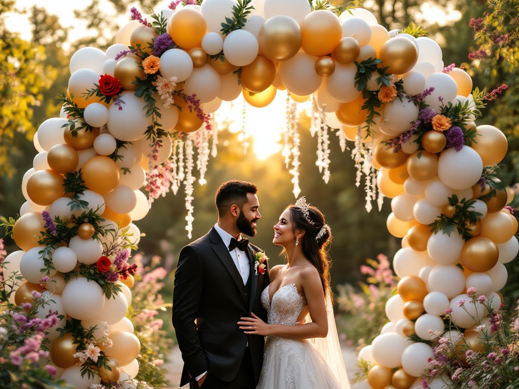 arche de ballon majestueuse en extérieur, avec des ballons blancs et dorés, ainsi que des fleurs suspendues. En arrière-plan, un couple heureux se tient devant l’arche