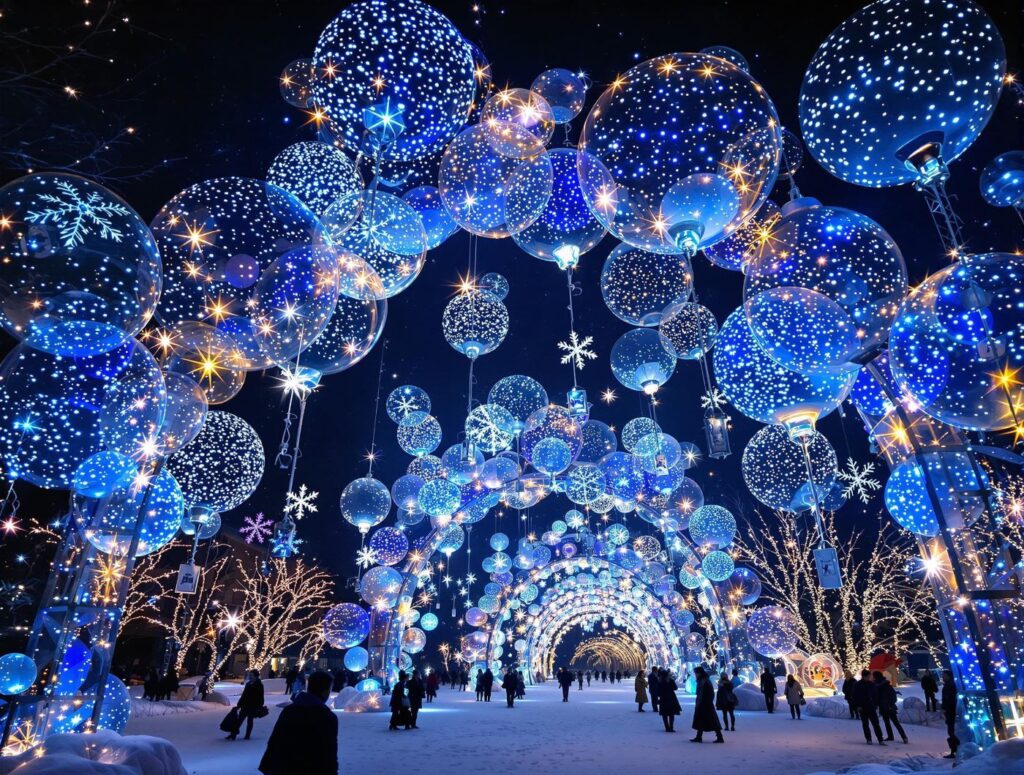 arche illuminée avec des ballons transparents contenant des lumières LED, créant un effet scintillant. Parfaite pour une réception en soirée deco noel flocon neige