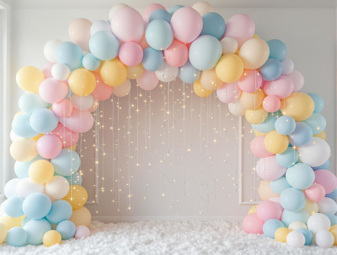 Arche de ballons et guirlande LED en décor de soirée de mariage