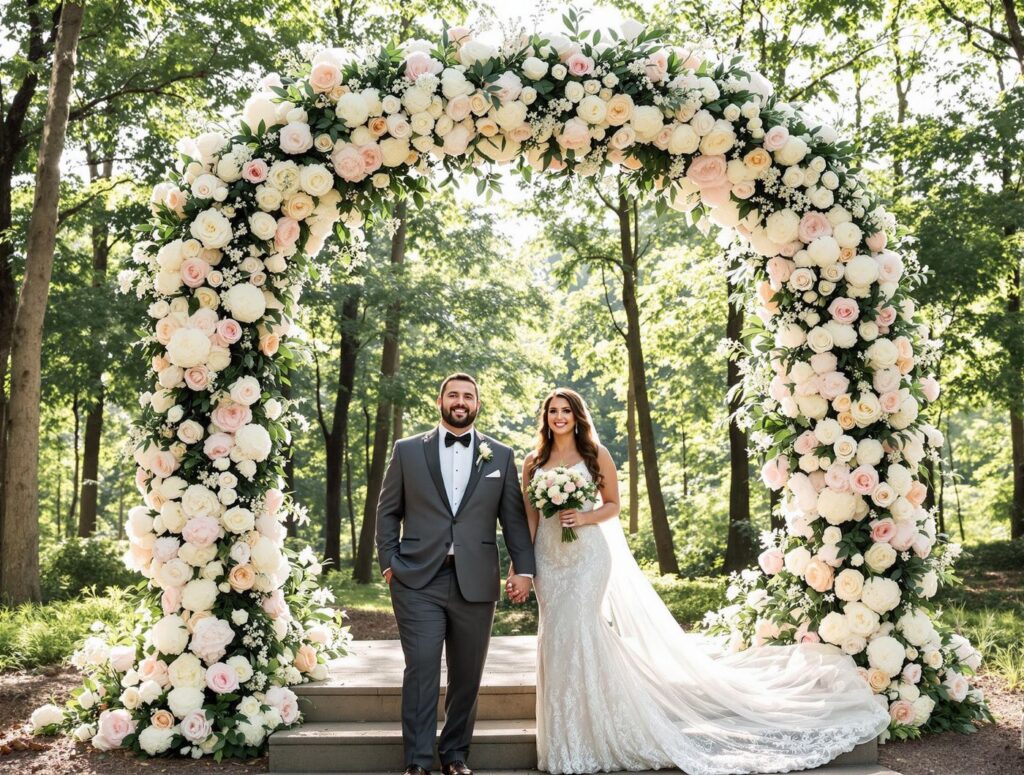 arche florale pour un mariage avec les mariés pris en photos dessous en guise de décoration