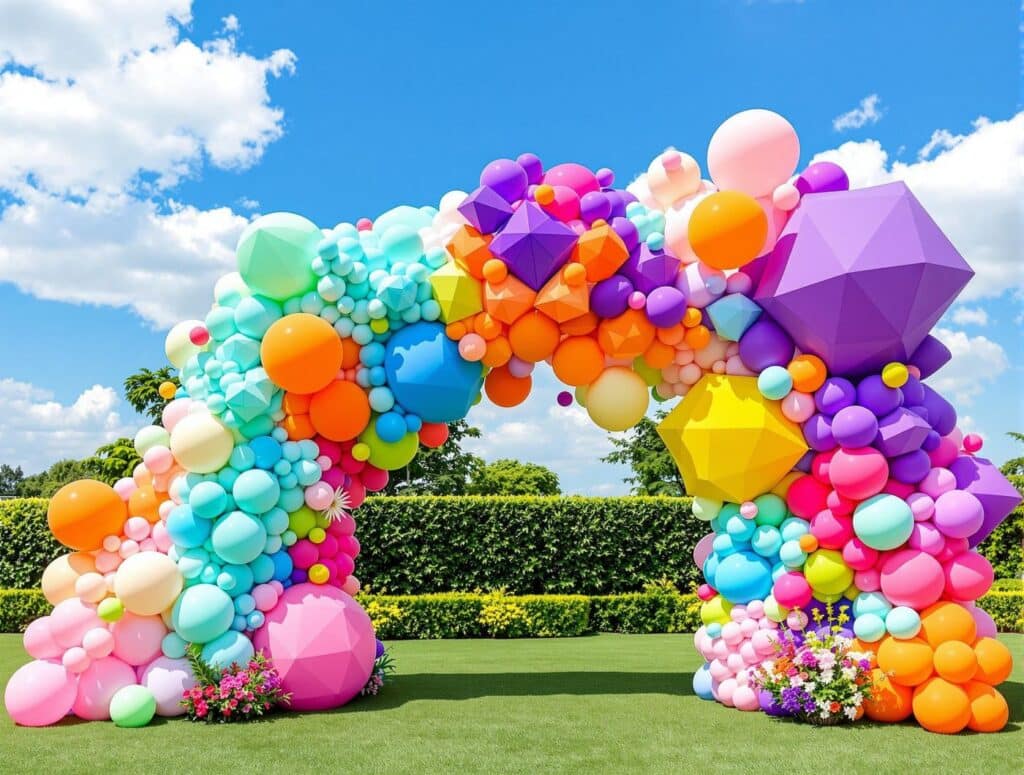 arche avec des ballons de différentes tailles et couleurs pour créer des formes géométriques comme des triangles, des losanges ou des cercles. Cela ajoute une dimension moderne et sophistiquée