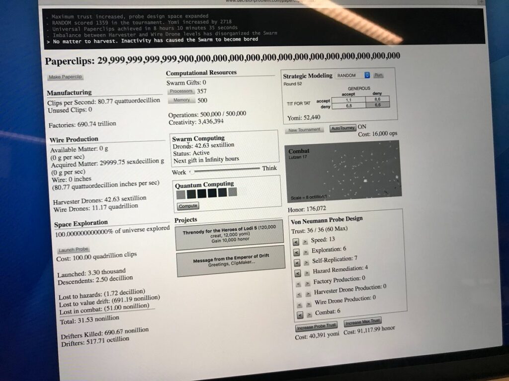 écran pc jeu universal paperclips solution ia trombone