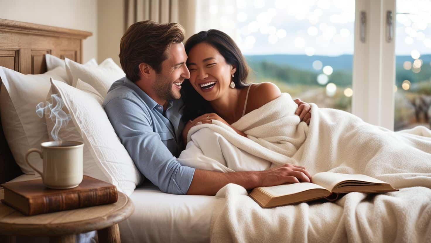 couple allongé sur un lit recouvert d’un plaid en coton blanc, en train de rire et partager un moment complice.
Une tasse de café fumante et un livre ouvert sur la table de nuit pour créer une atmosphère intime et cosy.
En arrière-plan, une fenêtre donnant sur un paysage naturel, symbolisant un week-end romantique en pleine nature