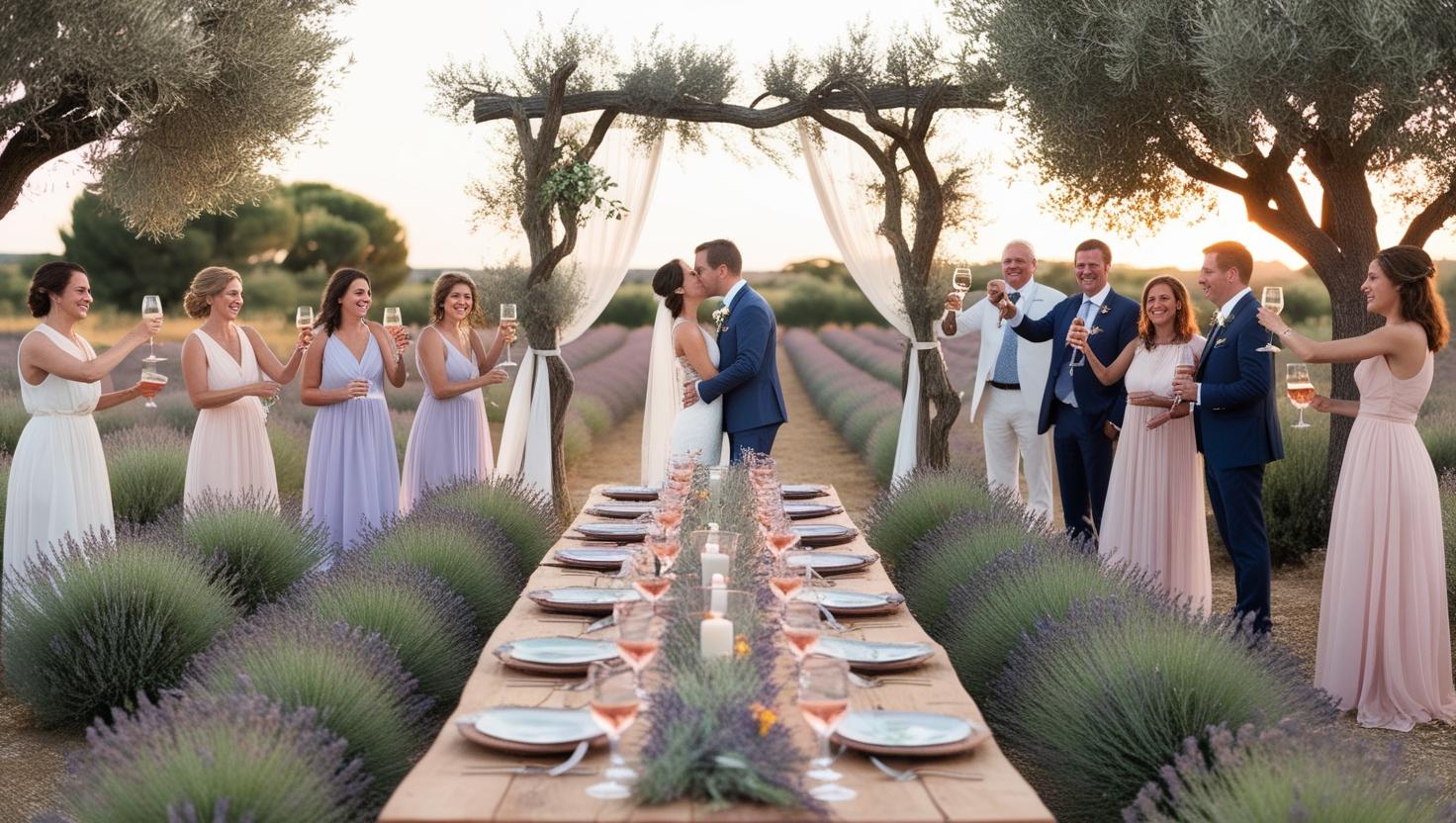 Table de mariage provençal en bois brut dans un champ de lavande, bougeoirs en fer forgé et oliviers