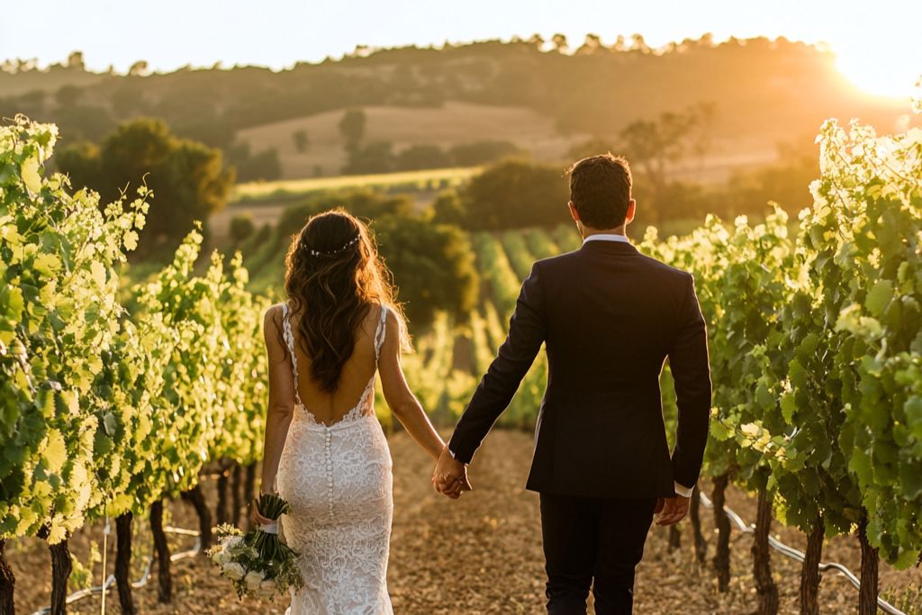 mariés de dos se donne la main pour la photo de mariage dans les vignes allée vignoble français coucher de soleil