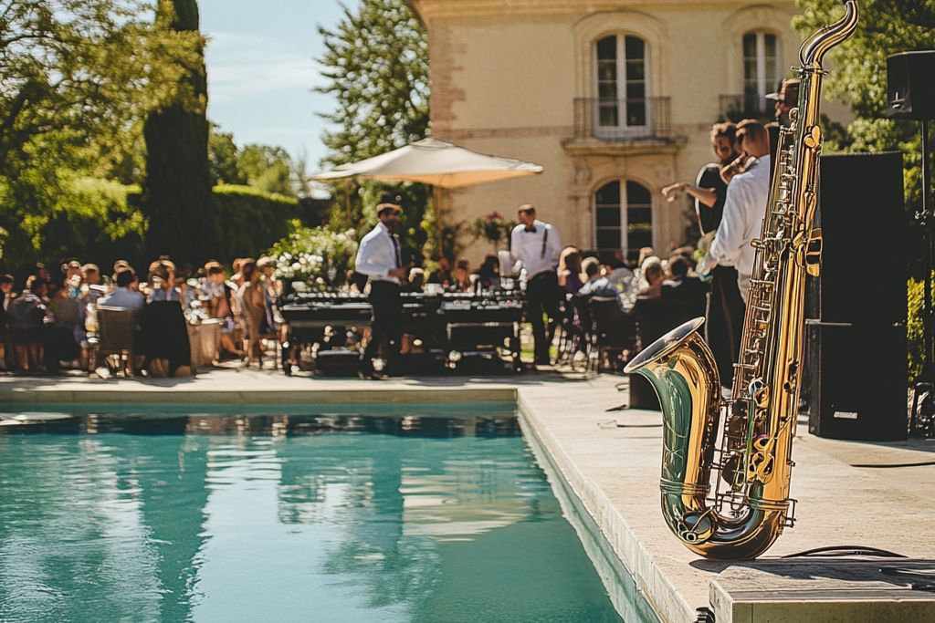 repas de mariage au bord de la piscine saxophone orchestre groupe musique ambiance été villa lieu de réception