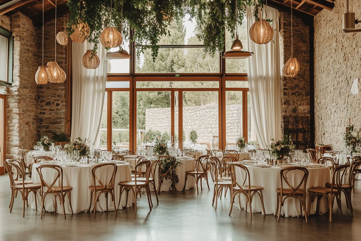 salle de mariage fête champêtre bâtisse en pierre réception parquet hauteur sous plafond table diner repas