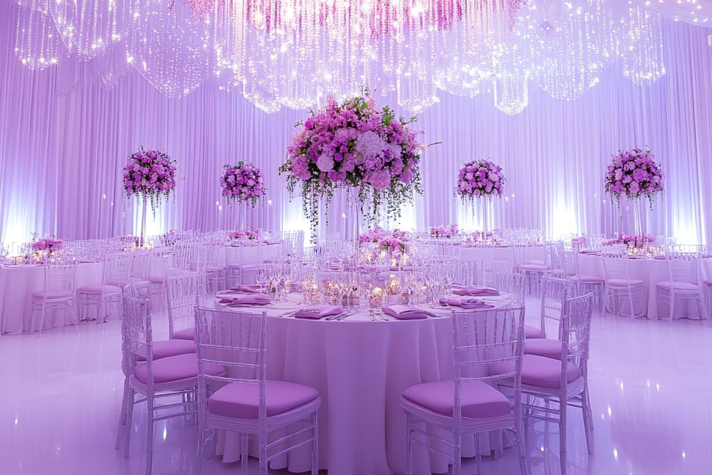 salle de mariage blanc violet rose fleur naturelle bouquet table diner minimaliste décoration