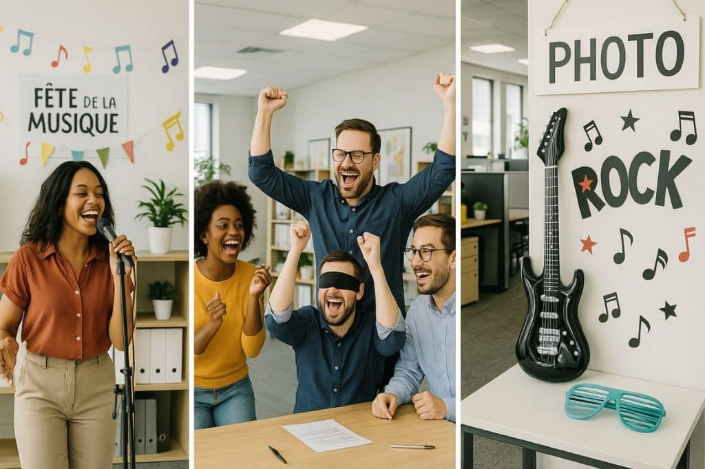 Montage photo d’une fête de la musique en entreprise avec une collaboratrice chantant, un blind test entre collègues, et un coin photobooth décoré “rock”