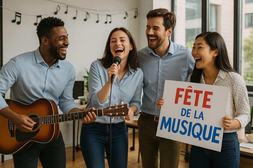 Collaborateurs en open space célébrant la Fête de la Musique au travail avec guitare, micro et affiche dans une ambiance joyeuse et professionnelle