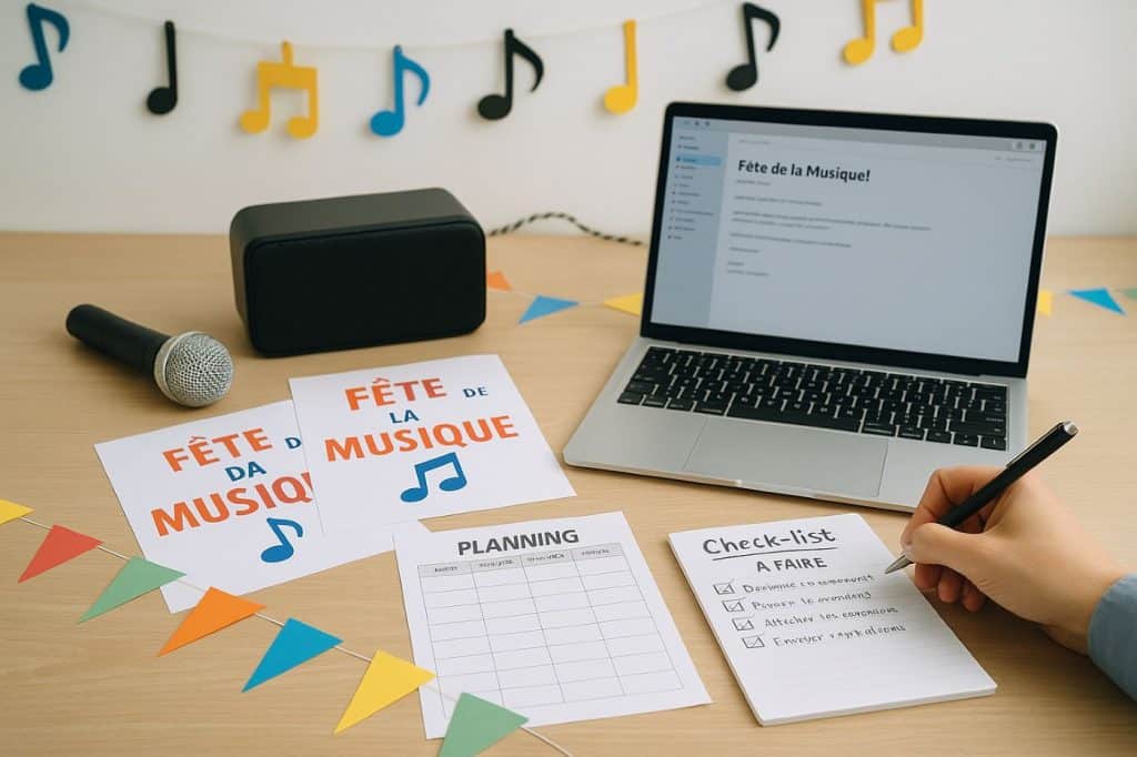 Table de bureau avec micro, enceinte, affiches, ordinateur et check-list pour organiser la Fête de la musique en entreprise