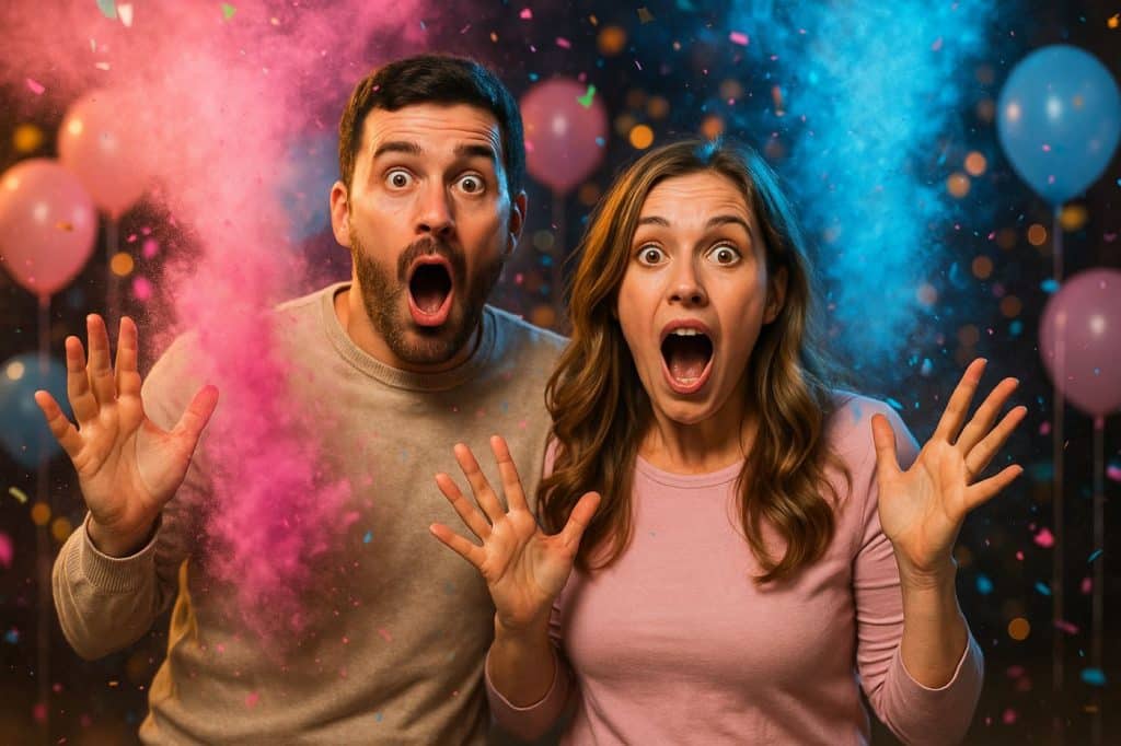 Couple surpris lors d'une gender reveal avec explosion de poudre rose et bleue, ambiance festive et confettis