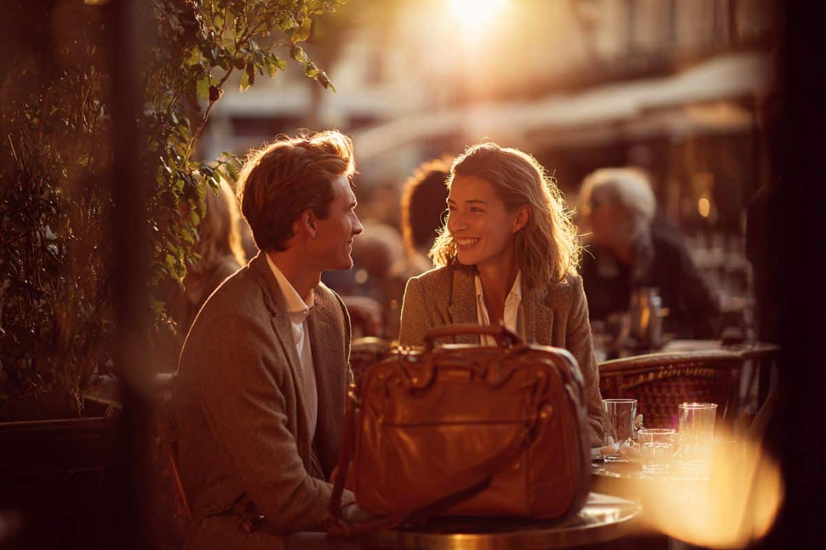 Jeune homme tend un sac en cuir à sa femme en terrasse pour leurs 2 ans de mariage, ambiance romantique
