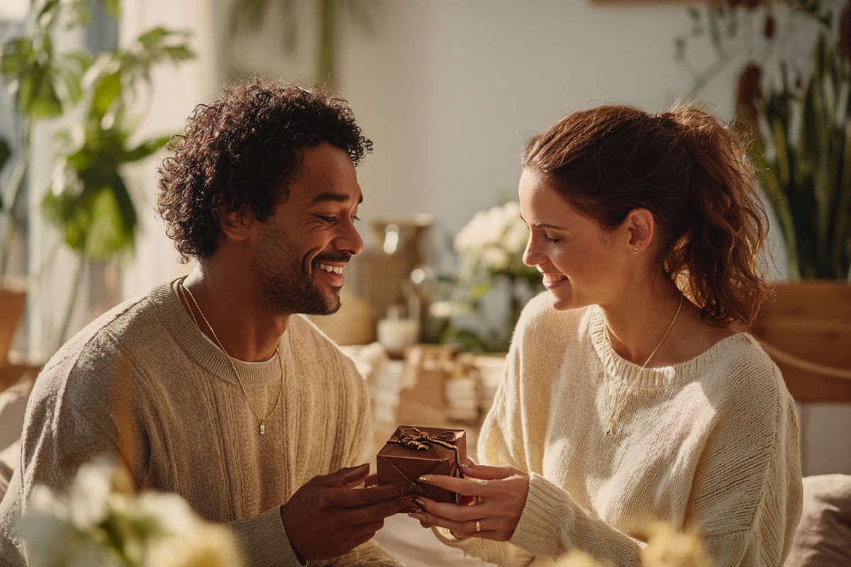 Jeune homme offre une boîte cadeau en cuir à sa femme pour leurs 2 ans de mariage, bracelet personnalisé