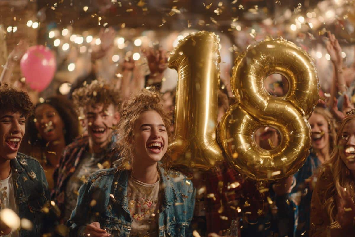 Groupe d'amis célébrant un anniversaire 18 ans avec des ballons dorés géants et des confettis.