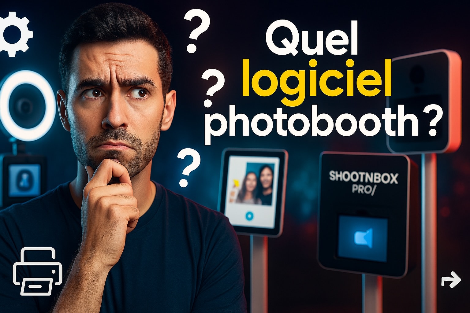 Vignette YouTube : un homme pensif devant trois photobooths (DSLR, tablette, Shootnbox Pro) avec du texte “Quel logiciel photobooth ?” et des icônes tech
