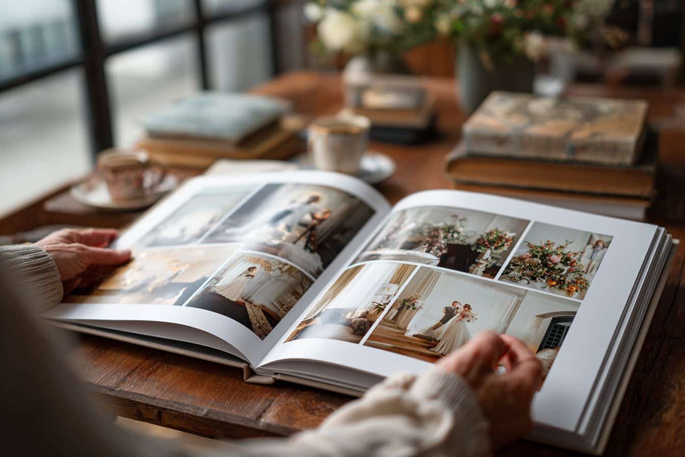 Couple feuilletant un album de mariage chapitré en lumière naturelle livre papier premium table salon