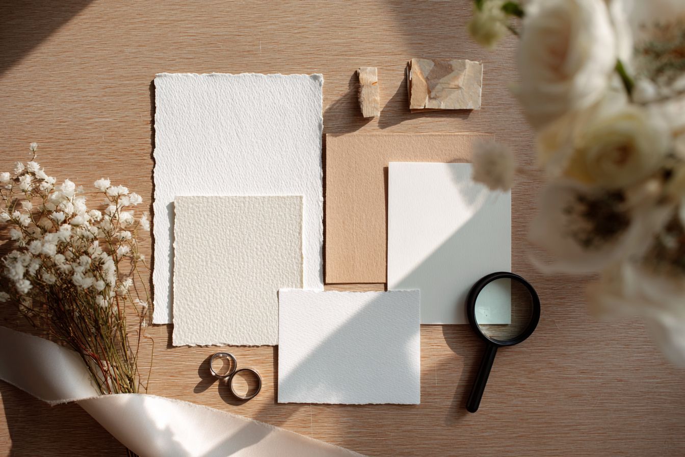 chantillons papier mat, satiné, brillant, baryté pour tirages mariage macro qualité flat lay