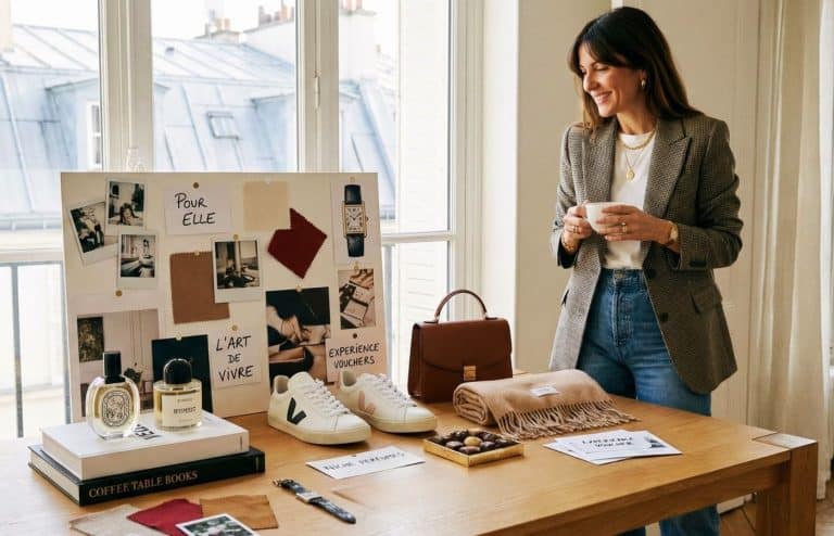 Portrait d'une femme de 40 ans au style influenceuse chic devant un moodboard d'idées cadeaux premium incluant bijoux, cosmétiques et accessoires de mode.