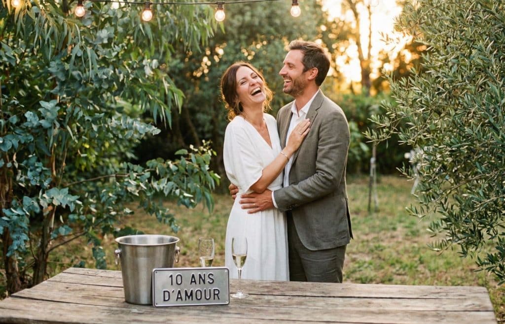 Couple rayonnant de bonheur célébrant ses 10 ans de mariage (noces d'étain) lors d'une fête romantique et conviviale