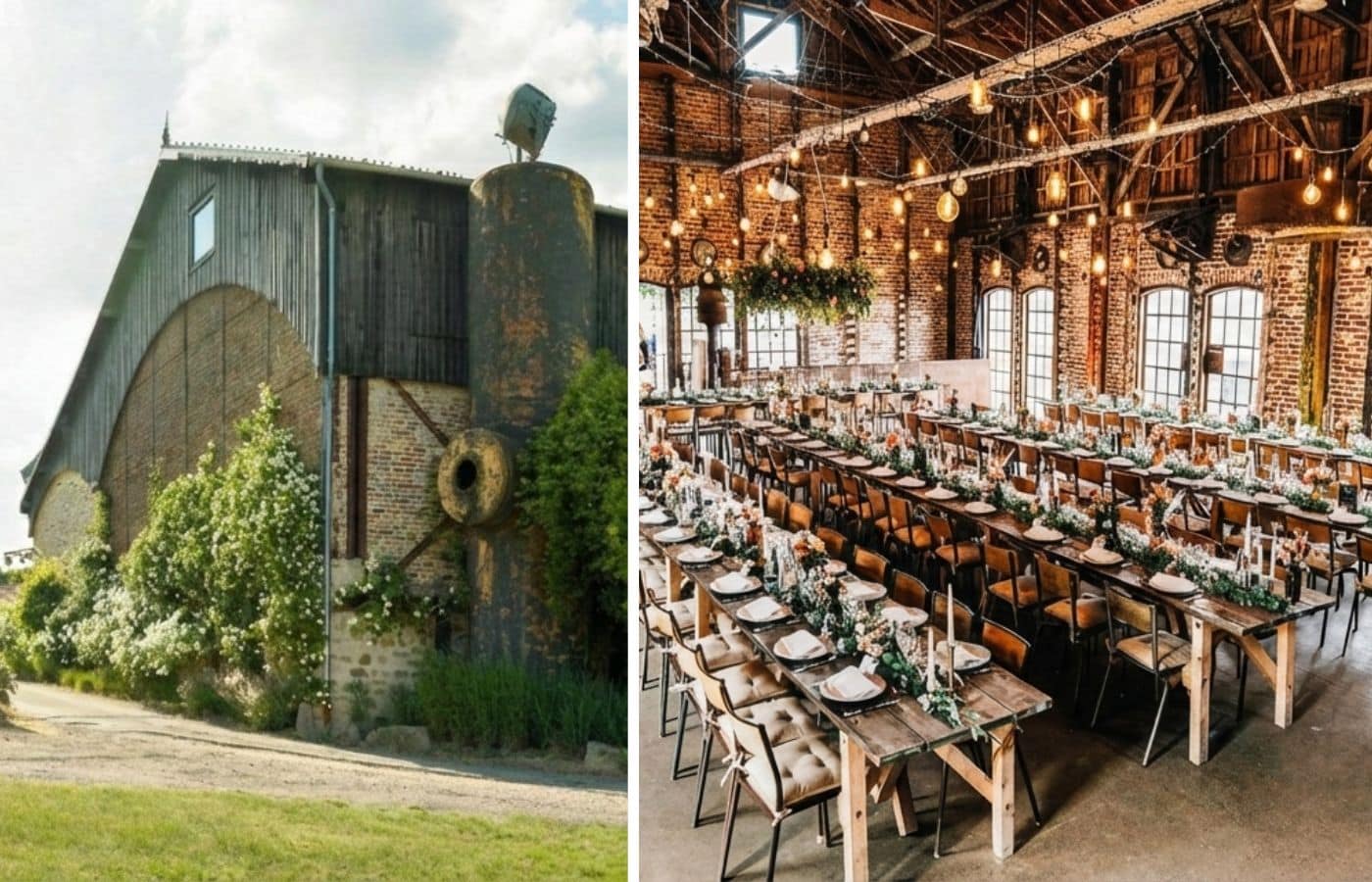 Montage photographique d'un lieu de mariage insolite type grange champêtre : à gauche, l'intérieur décoré pour la réception dans un style rustique-chic industriel avec de longues tables et des guirlandes lumineuses ; à droite, la vue extérieure du bâtiment agricole ancien en briques et bois avec son silo dans un cadre verdoyant