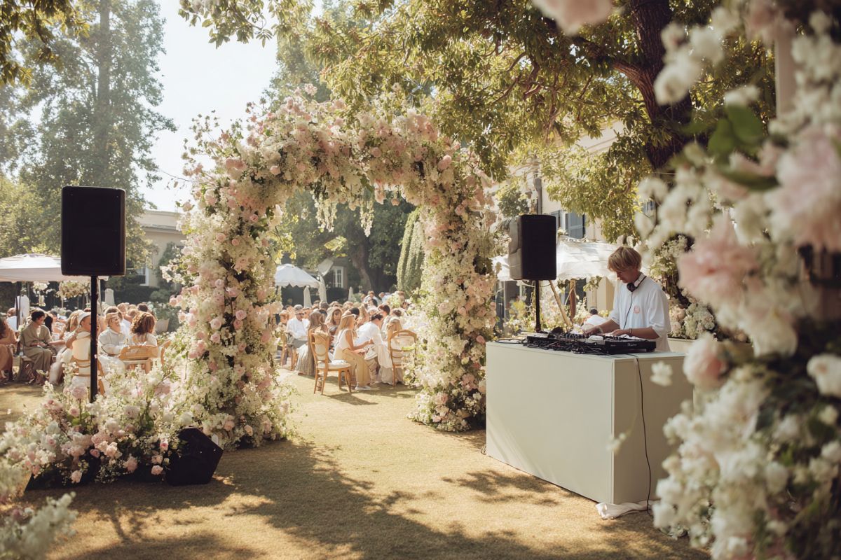Équipement professionnel de DJ pour mariage avec platines, console de mixage et système d'éclairage LED