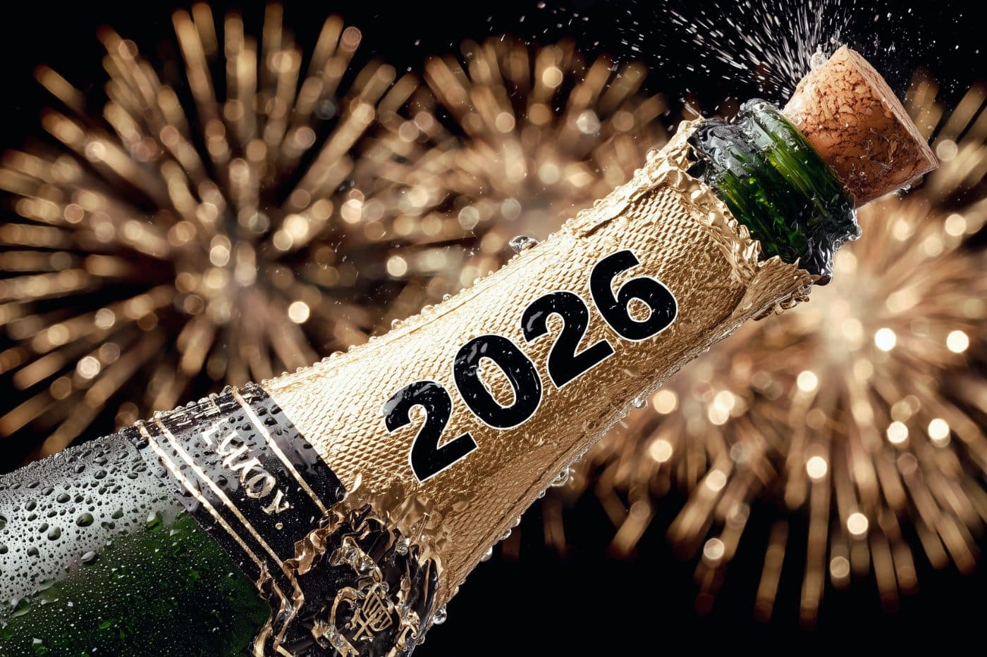 champagne 2026 bouteille gros plan macro photo feu d'artifice en fond ouverture bouchon liège