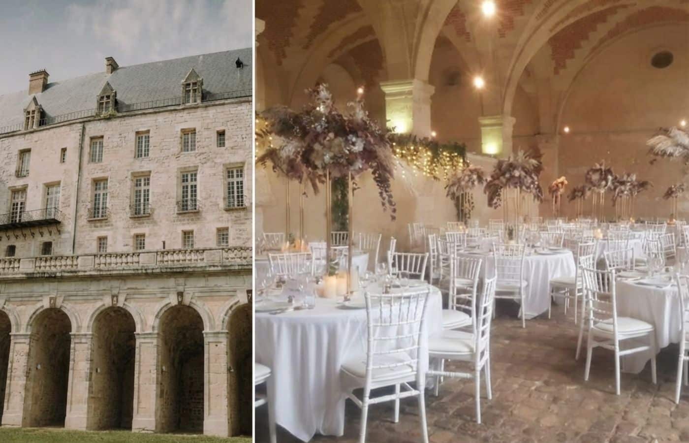 Montage photo du Château de la Roche-Guyon illustrant l'architecture extérieure historique avec ses grandes arcades et l'intérieur d'une salle de réception de mariage élégante sous des voûtes en pierre avec des tables fleuries