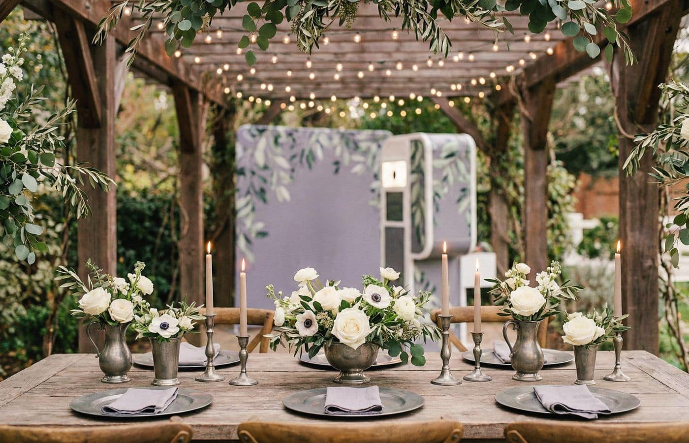 Décoration de table élégante pour 10 ans de mariage, thème étain et végétal : vaisselle grise, feuillages d'eucalyptus et guirlandes lumineuses