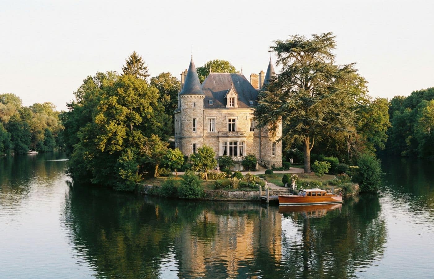Manoir en pierre situé sur Île au coucher du soleil, entouré par la rivière avec un bateau en bois amarré au ponton