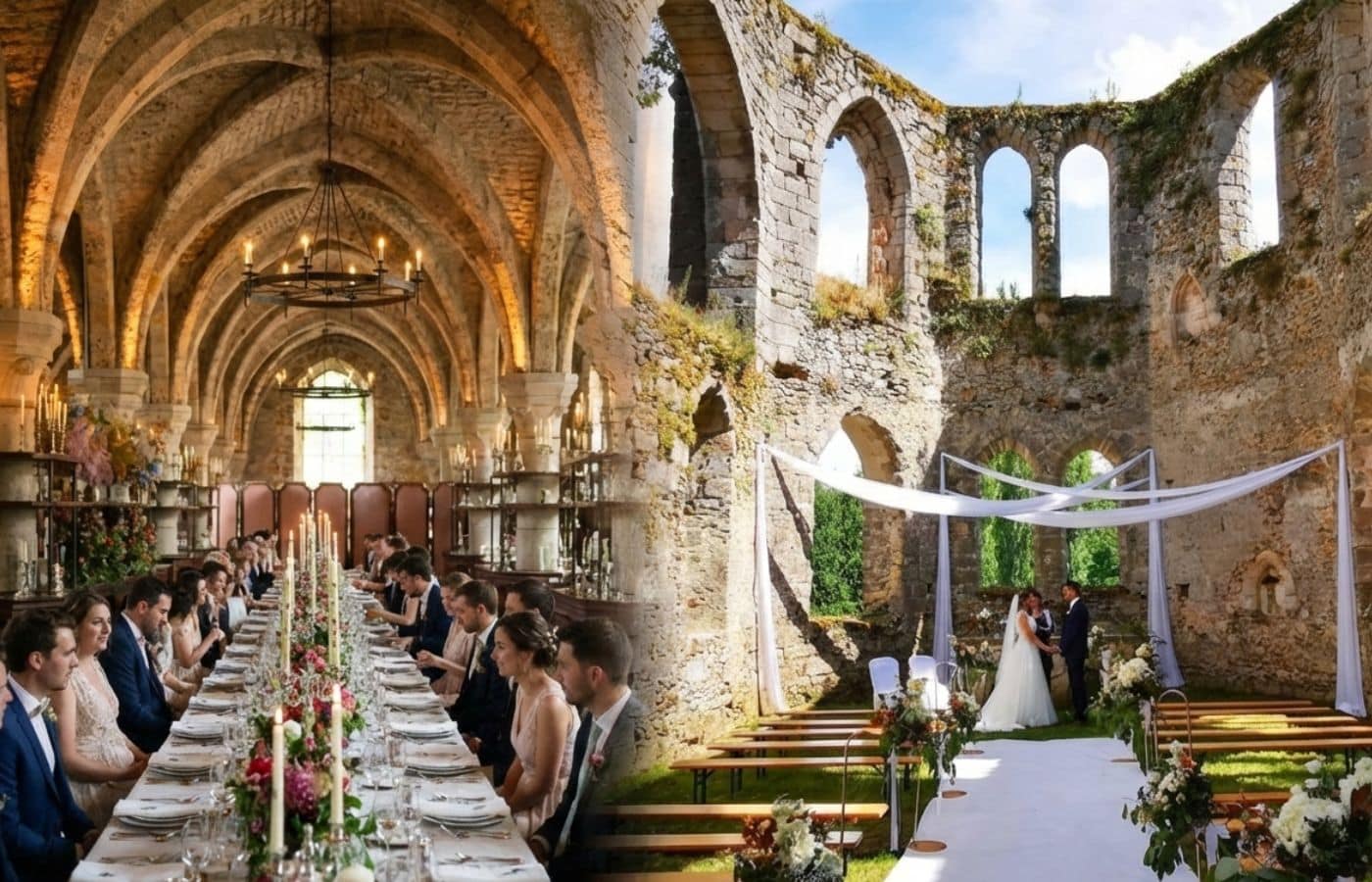 Montage photographique illustrant un mariage insolite : à gauche, une réception avec une longue table de banquet sous les voûtes en pierre d'une ancienne abbaye ; à droite, une cérémonie laïque en extérieur au cœur de ruines médiévales.