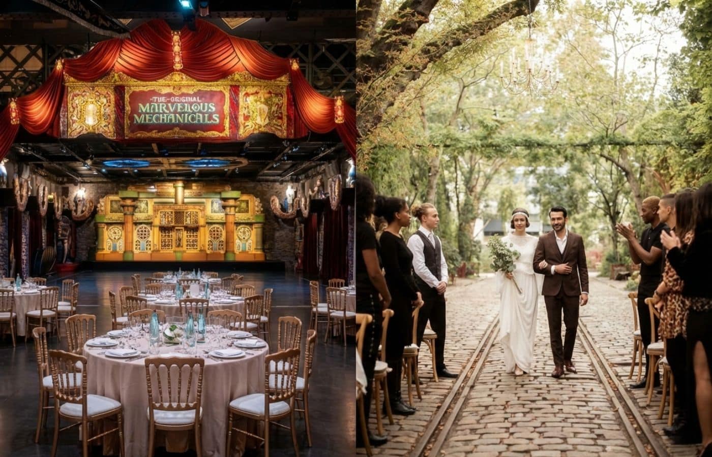 mariage insolite au Musée des Arts Forains à Paris : à gauche, la salle de réception dressée devant une scène de théâtre vintage aux rideaux rouges ; à droite, les mariés marchant dans une allée extérieure pavée sous les applaudissements des invités