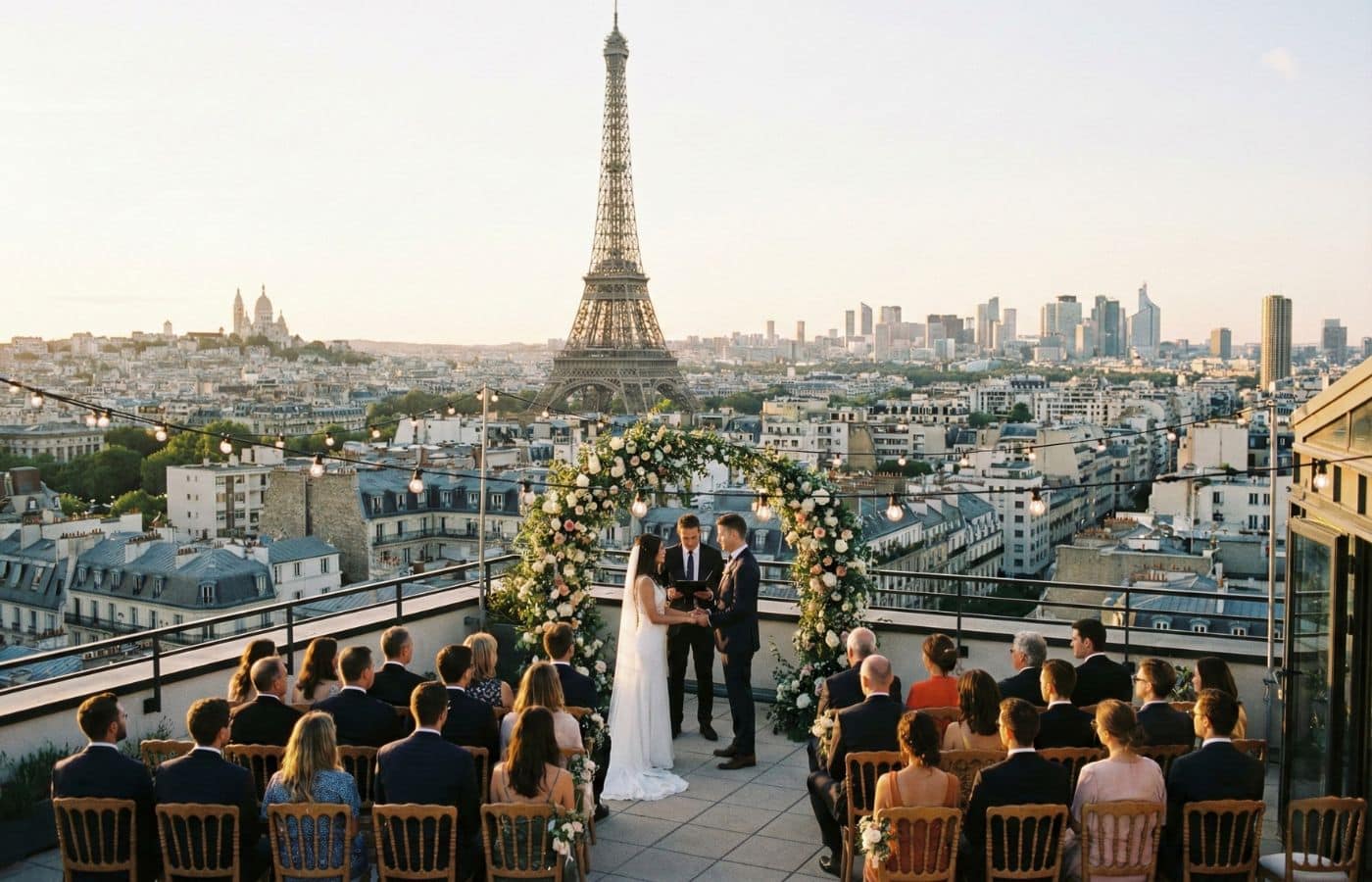 Photographie d'une cérémonie de mariage sur un rooftop dominant Paris, avec les mariés sous une arche fleurie et la Tour Eiffel en arrière-plan